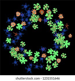 Floral Wreath. Vector Round Pattern with Tiny Wild Flowers for Print, Cover, Poster. Floral Decoration for Wedding or Birthday Invitation. Bright Design on Black Background.