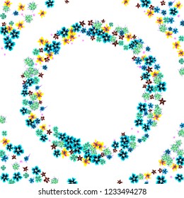 Floral Wreath. Vector Round Pattern with Small Wild Flowers for Print, Brochure, Poster. Floral Decoration for Wedding or Birthday Invitation. Colorful Design on White Background.