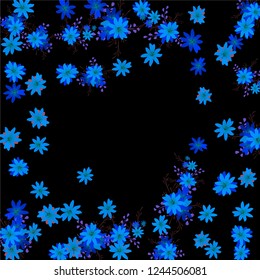 Floral Wreath. Vector Round Pattern with Tiny Wild Flowers for Card, Banner, Placard. Floral Decoration for Wedding or Birthday Invitation. Colorful Design on Black Background.