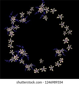 Floral Wreath. Vector Round Pattern with Small Wild Flowers for Print, Brochure, Poster. Floral Decoration for Wedding or Birthday Invitation. Colorful Design on Black Background.