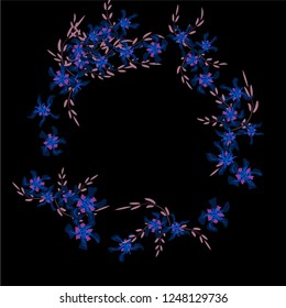 Floral Wreath. Vector Round Pattern with Little Wild Flowers for Wallpaper, Brochure, Placard. Floral Decoration for Wedding or Birthday Invitation. Colorful Design on Black Background.