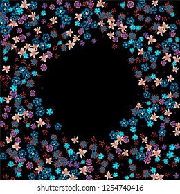 Floral Wreath. Vector Round Pattern with Little Wild Flowers for Wallpaper, Banner, Placard. Floral Decoration for Wedding or Birthday Invitation. Trendy Design on Black Background.