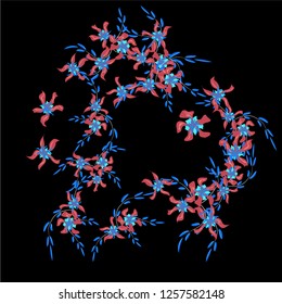 Floral Wreath. Vector Round Pattern with Small Wild Flowers for Print, Brochure, Placard. Floral Decoration for Wedding or Birthday Invitation. Colorful Design on Black Background.