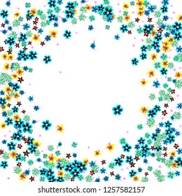 Floral Wreath. Vector Round Pattern with Tiny Wild Flowers for Card, Cover, Poster. Floral Decoration for Wedding or Birthday Invitation. Trendy Design on White Background.