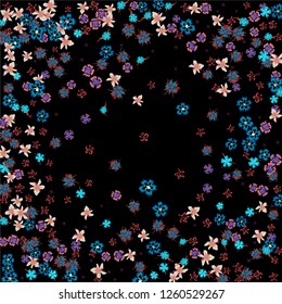 Floral Wreath. Vector Round Pattern with Little Wild Flowers for Print, Brochure, Placard. Floral Decoration for Wedding or Birthday Invitation. Bright Design on Black Background.