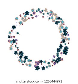 Floral Wreath. Vector Round Pattern with Small Wild Flowers for Print, Cover, Poster. Floral Decoration for Wedding or Birthday Invitation. Bright Design on White Background.