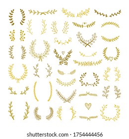 Floral wreath vector set. Botanical frame hand drawn clipart collection. Golden wreaths isolated on white background