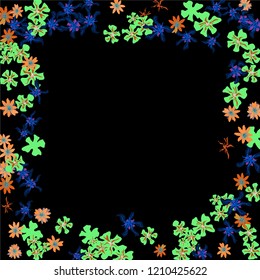 Floral Wreath. Vector Square Pattern with Tiny Wild Flowers for Print, Cover, Poster. Floral Decoration for Wedding or Birthday Invitation. Colorful Design on Black Background.