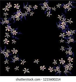 Floral Wreath. Vector Square Pattern with Small Wild Flowers for Print, Cover, Poster. Floral Decoration for Wedding or Birthday Invitation. Trendy Design on Black Background.