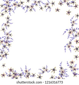 Floral Wreath. Vector Square Pattern with Tiny Wild Flowers for Wallpaper, Brochure, Placard. Floral Decoration for Wedding or Birthday Invitation. Bright Design on White Background.