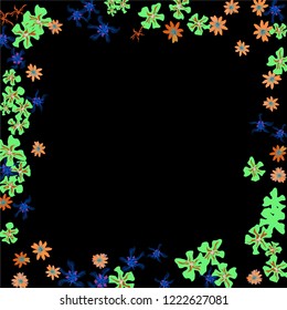 Floral Wreath. Vector Square Pattern with Tiny Wild Flowers for Print, Brochure, Poster. Floral Decoration for Wedding or Birthday Invitation. Trendy Design on Black Background.