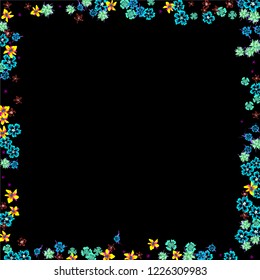 Floral Wreath. Vector Square Pattern with Tiny Wild Flowers for Wallpaper, Banner, Placard. Floral Decoration for Wedding or Birthday Invitation. Colorful Design on Black Background.