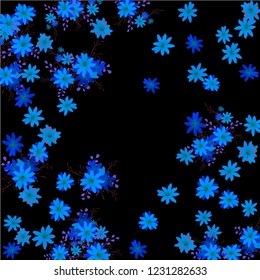 Floral Wreath. Vector Square Pattern with Tiny Wild Flowers for Wallpaper, Banner, Placard. Floral Decoration for Wedding or Birthday Invitation. Bright Design on Black Background.