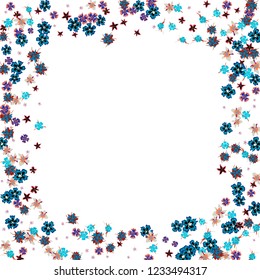 Floral Wreath. Vector Square Pattern with Tiny Wild Flowers for Print, Cover, Poster. Floral Decoration for Wedding or Birthday Invitation. Bright Design on White Background.