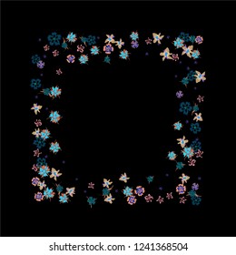 Floral Wreath. Vector Square Pattern with Small Wild Flowers for Wallpaper, Brochure, Placard. Floral Decoration for Wedding or Birthday Invitation. Colorful Design on Black Background.