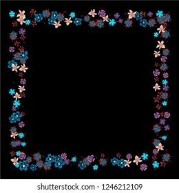 Floral Wreath. Vector Square Pattern with Small Wild Flowers for Print, Cover, Poster. Floral Decoration for Wedding or Birthday Invitation. Bright Design on Black Background.