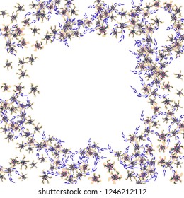 Floral Wreath. Vector Square Pattern with Small Wild Flowers for Card, Cover, Poster. Floral Decoration for Wedding or Birthday Invitation. Colorful Design on White Background.