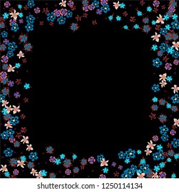 Floral Wreath. Vector Square Pattern with Tiny Wild Flowers for Wallpaper, Banner, Placard. Floral Decoration for Wedding or Birthday Invitation. Bright Design on Black Background.