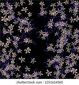 Floral Wreath. Vector Square Pattern with Small Wild Flowers for Wallpaper, Banner, Placard. Floral Decoration for Wedding or Birthday Invitation. Colorful Design on Black Background.