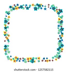 Floral Wreath. Vector Square Pattern with Little Wild Flowers for Print, Brochure, Placard. Floral Decoration for Wedding or Birthday Invitation. Bright Design on White Background.
