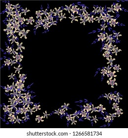 Floral Wreath. Vector Square Pattern with Tiny Wild Flowers for Card, Cover, Banner. Floral Decoration for Wedding or Birthday Invitation. Bright Design on Black Background.