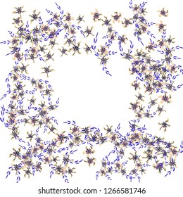 Floral Wreath. Vector Square Pattern with Small Wild Flowers for Print, Brochure, Poster. Floral Decoration for Wedding or Birthday Invitation. Bright Design on White Background.