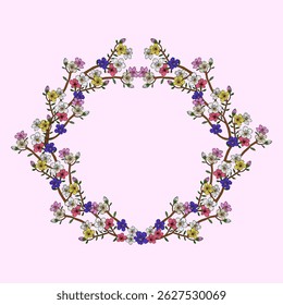 Floral wreath with vibrant colors on pink background.