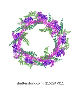 Floral wreath of violet, burgundy and lilac wildflowers.