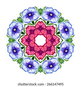 Floral wreath of violets flowers. Cute retro flower frame . Perfect for wedding invitations and birthday cards. Isolated on white background