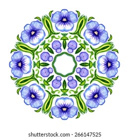 Floral wreath of violets flowers. Cute retro flower frame . Perfect for wedding invitations and birthday cards. Isolated on white background