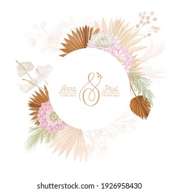 Floral wreath with watercolor dry dalia flowers, pampas grass, tropical palm. Vector summer vintage orchid flower banner illustration. Wedding modern invitation, trendy greeting card, luxury design
