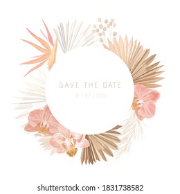 Floral wreath with watercolor dry pastel flowers, pampas grass, tropical palm. Vector summer vintage orchid flower banner illustration. Wedding modern invitation, trendy greeting card, luxury design