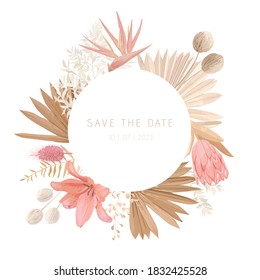 Floral wreath with watercolor dry pastel flowers, pampas grass, tropical palm. Vector summer vintage orchid flower banner illustration. Wedding modern invitation, trendy greeting card, luxury design