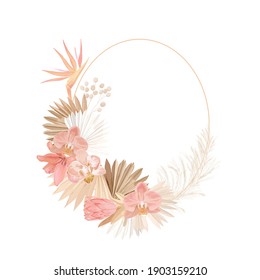 Floral wreath with watercolor dry pastel flowers, pampas grass, tropical palm. Vector summer vintage orchid flower banner illustration. Wedding modern invitation, trendy greeting card, luxury design