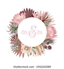 Floral wreath with watercolor dry pastel flowers, pampas grass, tropical palm. Vector summer vintage protea, orchid flower banner illustration. Wedding modern invitation, greeting card, luxury design