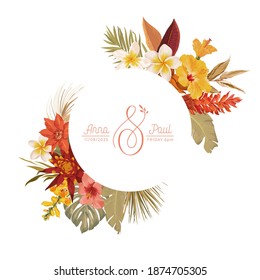 Floral wreath with watercolor dry tropical flowers, tropic palm leaves. Vector summer vintage orchid flower banner illustration. Wedding modern invitation, trendy greeting card, luxury design