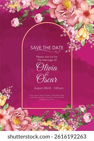 floral wreath wedding invitation card with roses flower 