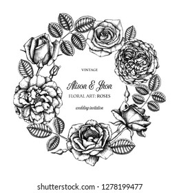 	
Floral wreath. Wedding invitation or greeting card template. Vintage botanical design with rose flowers, buds, and leaves. Black and white illustration.
