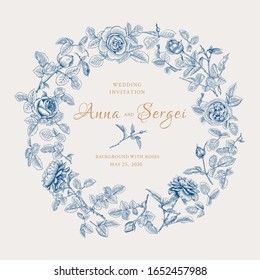 Floral wreath. Wedding invitation with roses. Vintage vector illustration. Blue background and golden greeting.