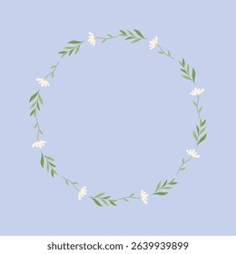 Floral Wreath with White Daisies and Green Leaves Hand Drawn Botanical Circle Frame