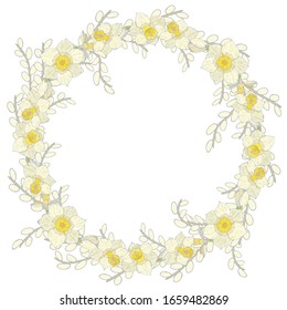 Floral wreath with willow branches and daffodils. Festive element for spring design season. Frame in a romantic style. Round garland for postcards, various design, for Easter.