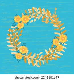 Floral wreath of yellow shades on a blue background, with a texture. Vector illustration. Blue and yellow concept idea - with Ukraine in the heart