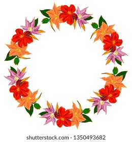 Floral wreath,round frame with  yellow, orange and pink clematis flowers, on white background. Hand drawing vector illustration.for greeting cards,for valentine's day,wedding, women's day or romantic 