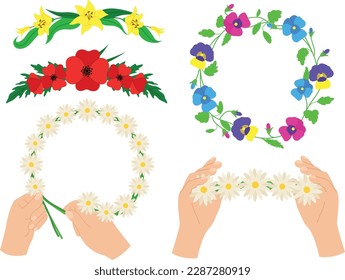 Floral wreaths: antonyms ocelli, poppy, lilies and daisies, vector illustration