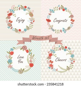Floral wreaths in cartoon style. Enjoy, love you, congrats and cheers greeting card