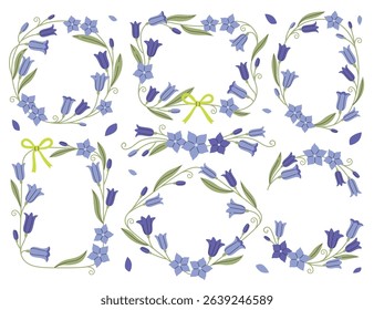 Floral wreaths with delicate bluebell blooms and green plant leaves decoration isolated set on white background. Beautiful romantic border, charming flower chaplet ornamental print vector illustration