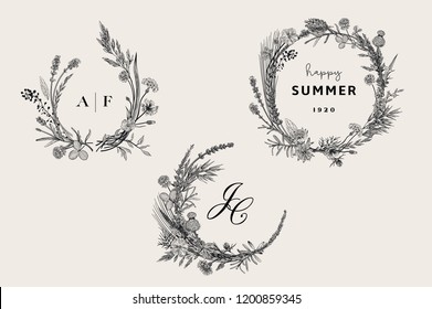 Floral wreaths. Design elements. Flowers and plants of fields and forests. Vector vintage botanical illustration. Black and white