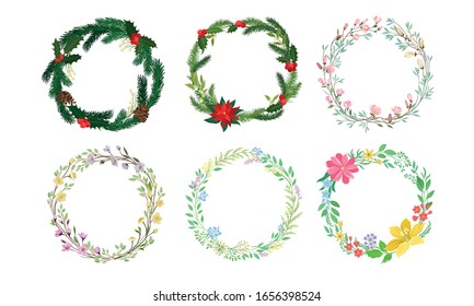 Floral Wreaths with Fir Branches, Green Twigs and Flowers Vector Set