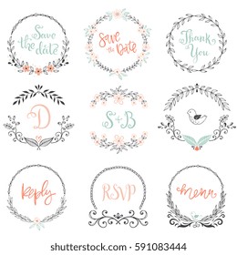 Floral wreaths and frames collection. Set of cute hand drawing retro rustic design elements perfect for wedding invitations, save the date, thank you, reply and birthday cards. Vector illustration.