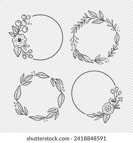 Floral wreaths. Hand drawn botanical vector illustration. For greeting cards, wedding invitations, label design... Black and white floral decorative frames.
